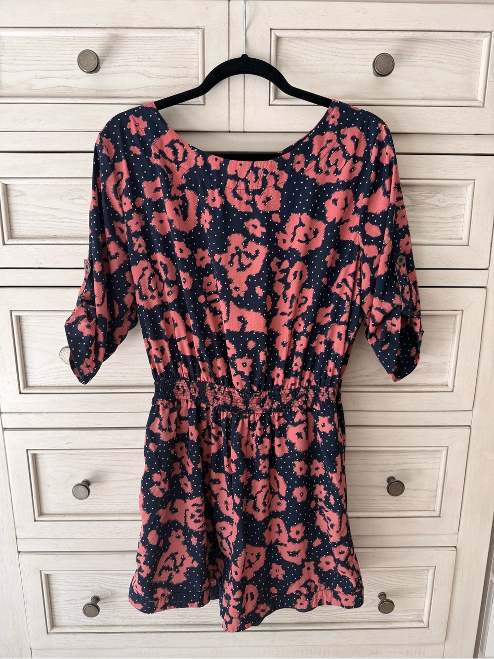 Very J Navy and Coral Floral Polka Dots Romper